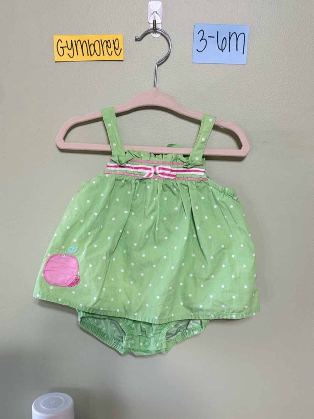 NWOT Gymboree Light Green Polka Dot Apple Infant Romper Dress, 3-6 Months